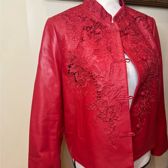 CHANEL Red Leather Jacket with Floral Embroidery Sz L - Picture 15 of 16